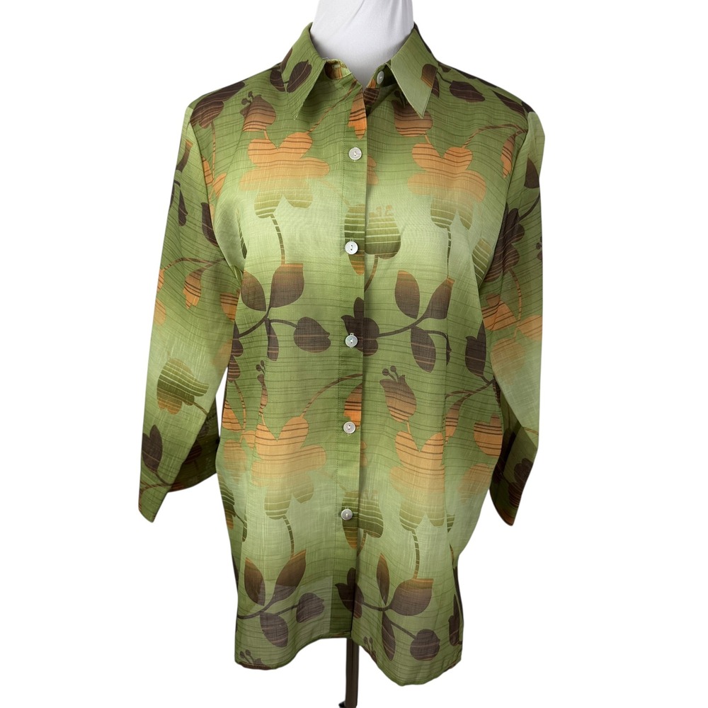 Alfred Dunner Green Floral Button Down Blouse‎ 3/4 Sleeve Women's 16